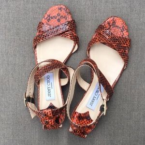 JIMMY CHOO Criss-Cross Strap Wedge Sandal with Adjustable Ankle Strap in Python